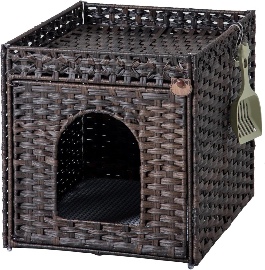 Cat Litter Box Enclosure Furniture, Hidden Litter Box with Mat and Fence, Handwoven Rattan Cat House with Two S-Shaped Hooks for Living Room, Bedroom, 18.5 x 20.5 x 19.1 Inches (Brown)