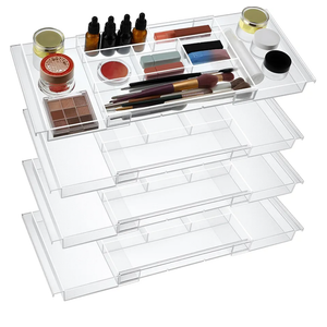 4pack Shallow Expandable Drawer Organizer, Adjustable 12.5”–20” Clear Plastic Drawer Organizer Tray for Vanity Bathroom Desk Kitchen Drawers, Multi Compartment Storage