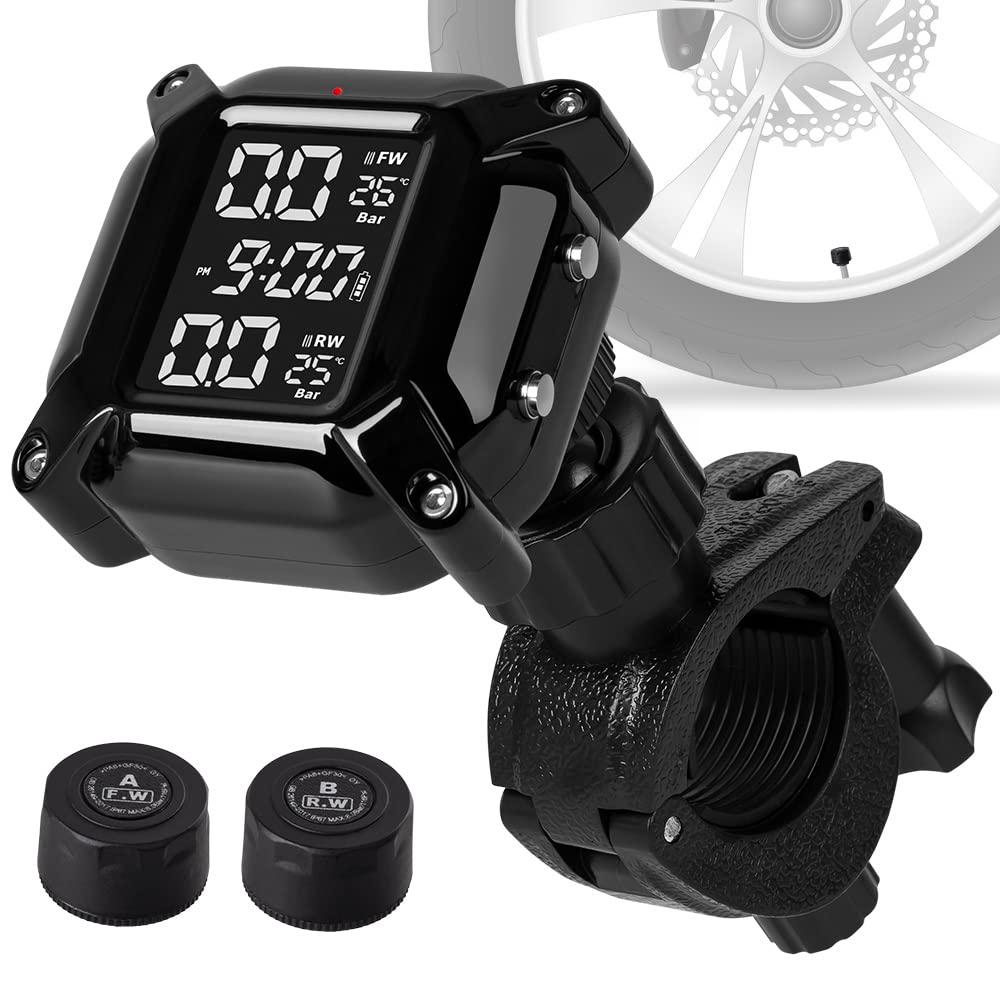 Motorcycle TPMS Wireless Tire Pressure Monitoring System, IP67 Waterproof Dustproof Wireless TPMS for USB Rechargeable with 2 External Sensors Digital LCD Display Two-Wheeled Motorcycle TPMS