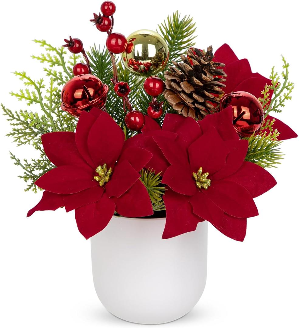 Small Christmas Tree Artificial Potted - 9" Mini Fake Poinsettias Plant Table Decor with Xmas Ball Ornaments Berry Centerpiece Indoor for Winter Floral Arrangements Home Party Mantel Office Farmhouse
