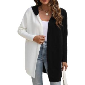 Womens Hooded Long Cardigan Color Block Open Front Knit Cardigan Oversized Lightweight Knit Sweater Outwear (S)