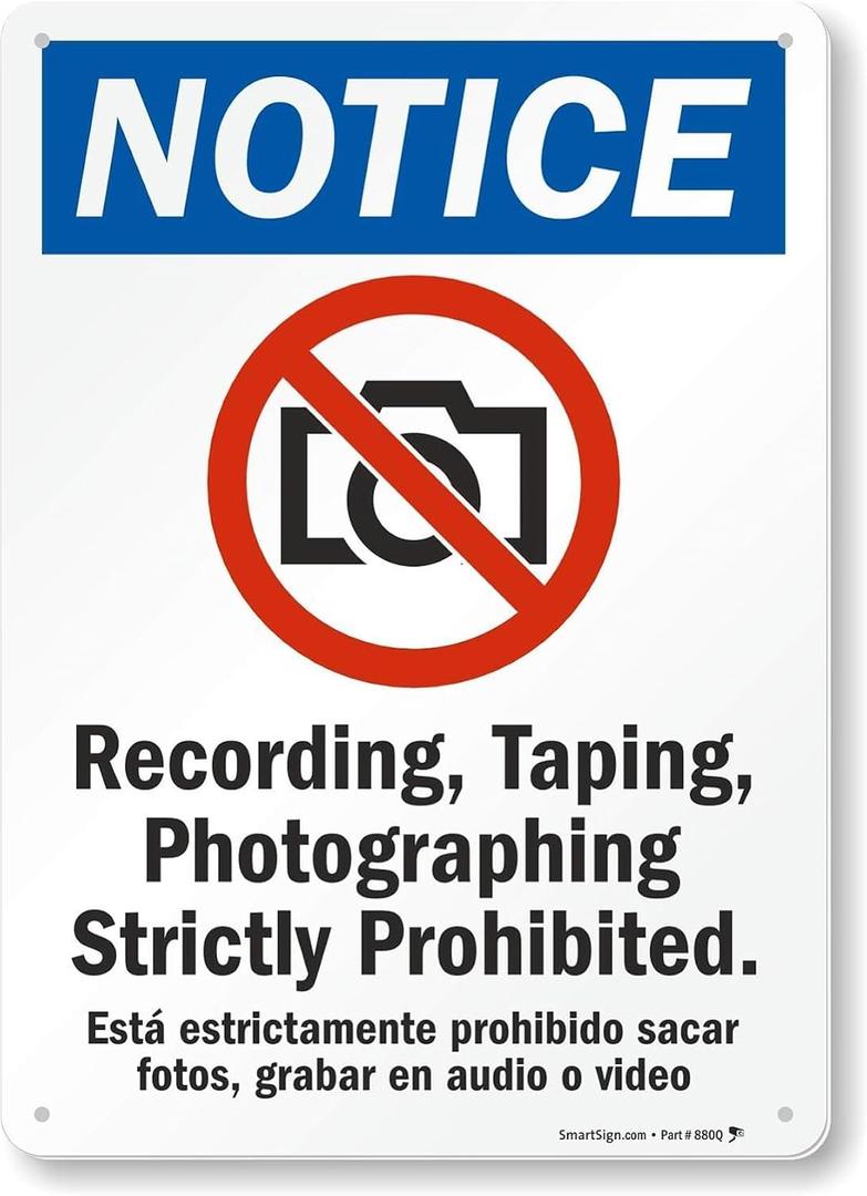 SmartSign - S-7366-AL-14 "Notice - Recording, Taping, Photographing Strictly Prohibited" Bilingual Sign | 10" x 14" Aluminum Black/Blue/Red on White