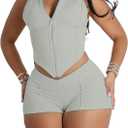 Ophestin 2 Piece Going Out Sets for Women Sexy Zip Up Crop Tank Top Bodycon Biker Shorts Set Club Gym Outfits (Small, Gray)