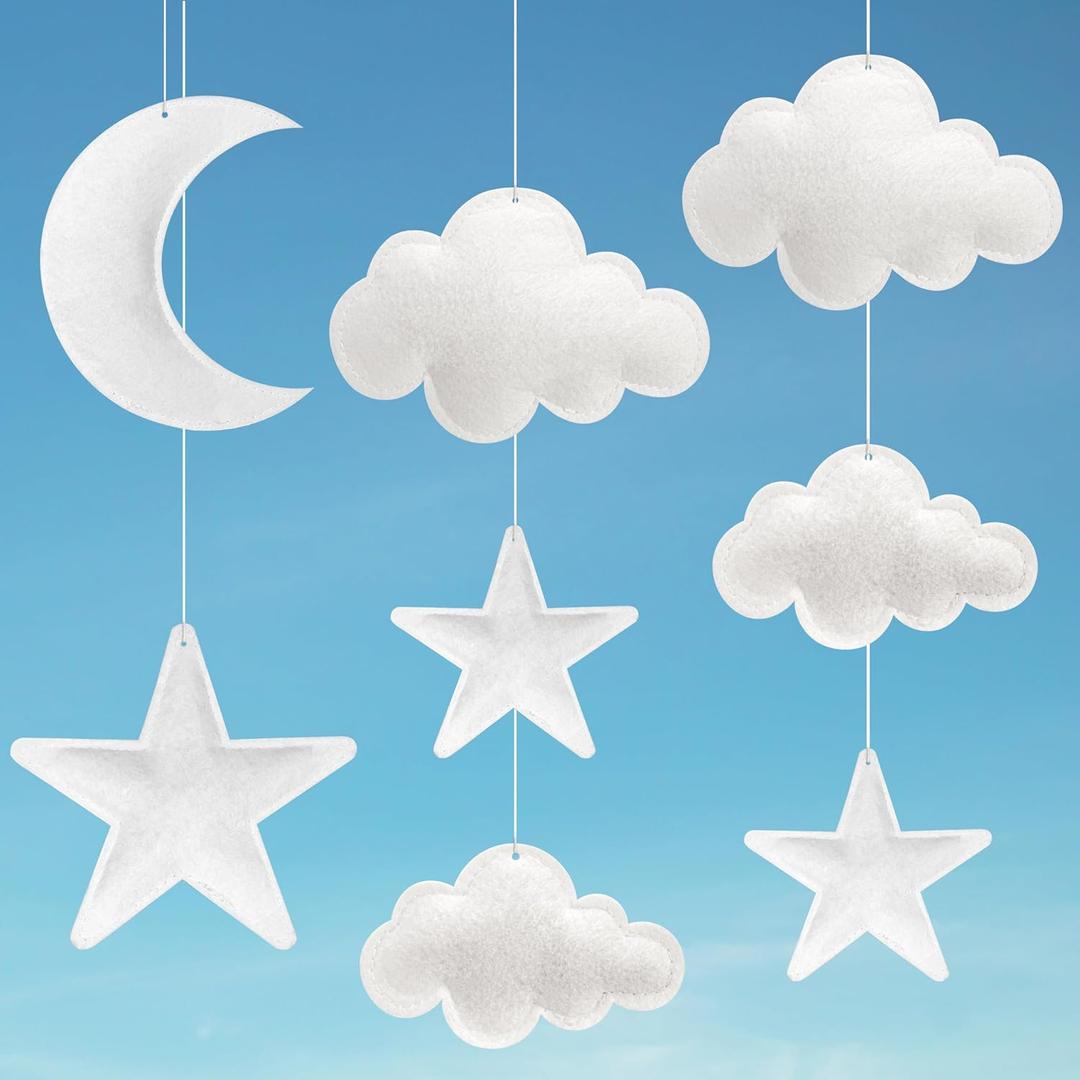 Ayfjovs 8pcs 3D Hanging Cloud Set with Moon and Stars for Ceiling Decor, Felt Artificial Ceiling Clouds for Art Stage Wedding Nursery Children Room Party Baby Shower Cloud Props