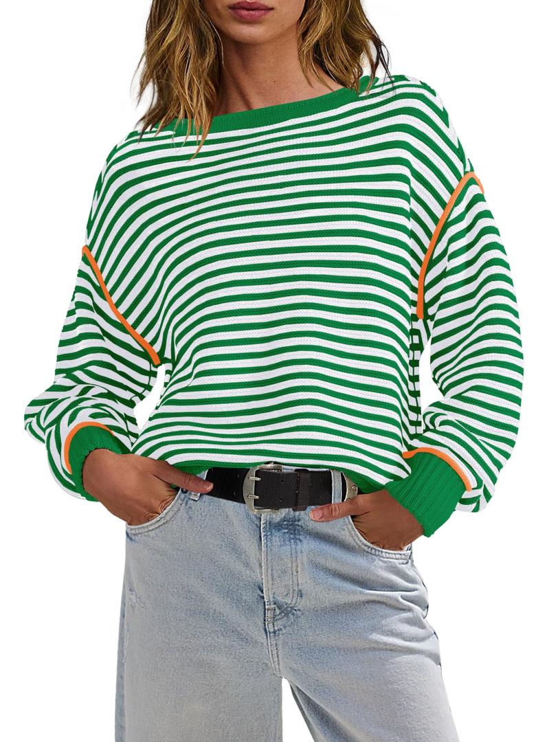 Panadila Womens Striped Oversized Sweater Fall Chunky Long Sleeve Pullover Sweaters Cable Knit Color Block Sweater Tops, M