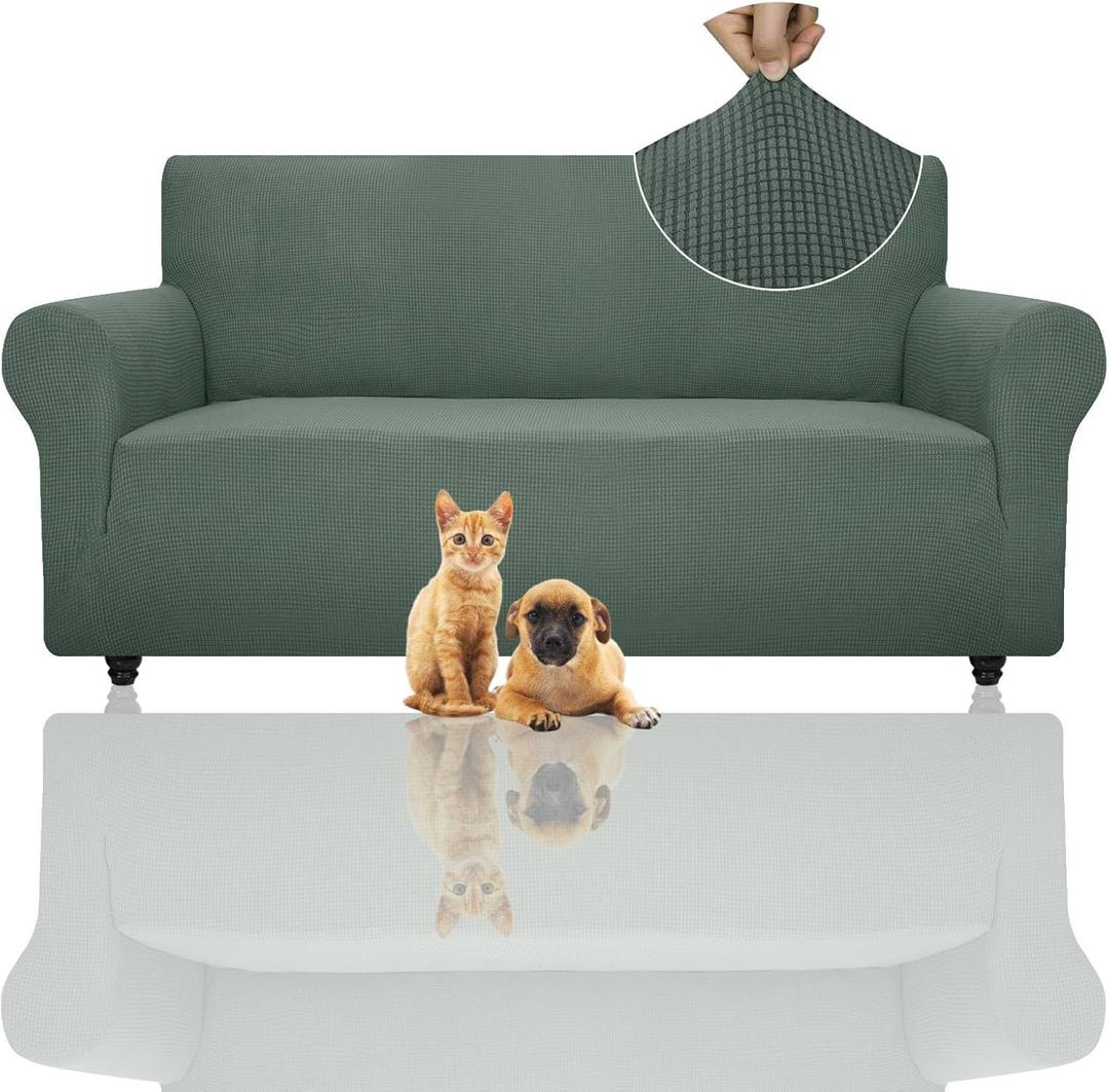 ZNSAYOTX Super Stretch Couch Cover (72"-92") Universal Sofa Covers with Elastic Bottom, Dog Cat Pets Friendly Washable Furniture Protector Fitted Sofa Slipcovers Stay in Place (Pea Green, Sofa)
