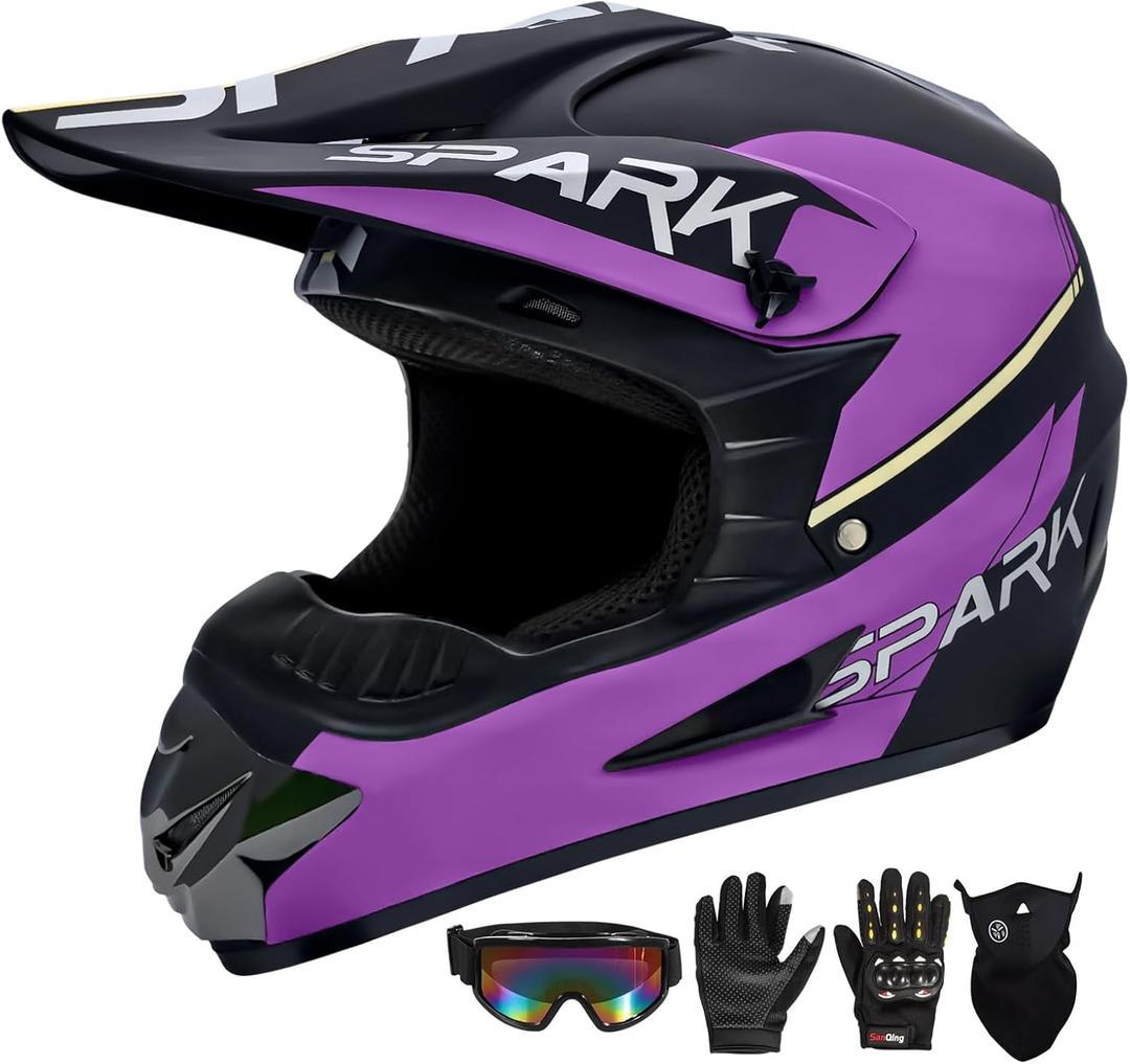 Youth Motocross Helmet Kids Dirt Bike Helmets ATV Bump Safty Helmet Full Face Motorcycle Helmet Off-Road Mountain Bike Helmet with Goggles Gloves Mask DOT Approved (Black Purple, L)