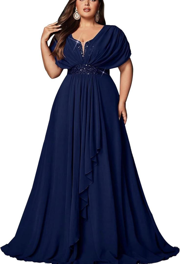 VOUIAO Women's Plus Size Wedding Guest Summer Maxi Elegant Sequin Bridesmaid Dresses A line Long Evening Party Cocktail Gown Navy Blue 5XL
