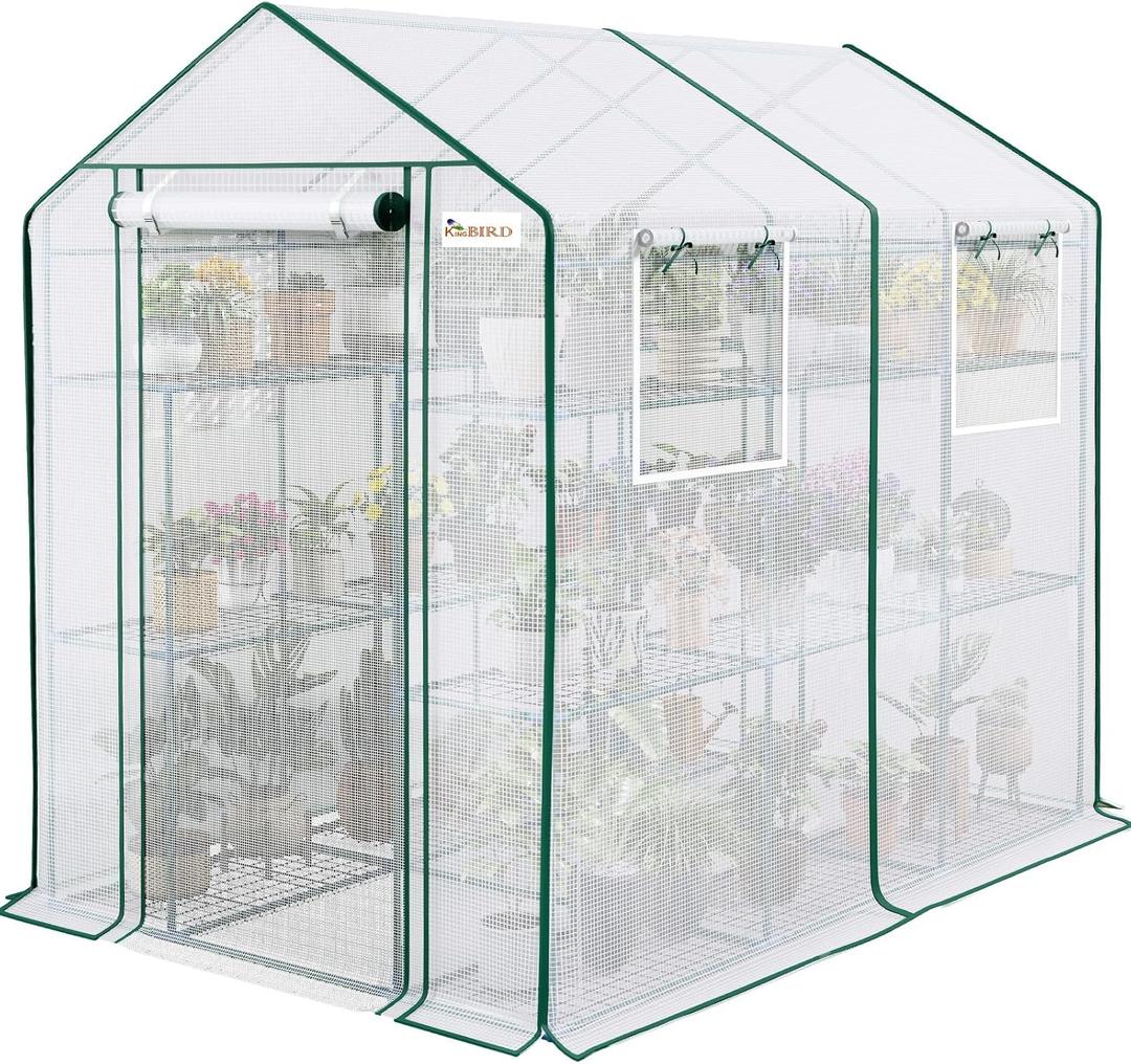 KING BIRD Premium Greenhouse for Outdoors, 84x56x77 in Walk-in Hot House with Thickened Cover, Reinforced Frame, Screen Windows & Mesh Door, 3 Tiers 20 Shelves for Outside Garden Seedlings, Green (White)