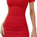Missufe Women's Short Sleeve V Neck Ruched Bodycon Summer Casual Short T Shirt Dress (Red, M)