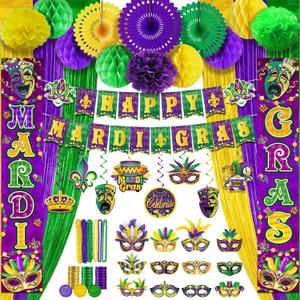 Mardi Gras Decorations, 48pcs Mardi Gras Party Supplies Sets, Purple Green and Gold Mardi Gras Party Decorations for New Orleans Mardi Gras, Fat Tuesday Decorations, Mardi Gras Decorations for Party