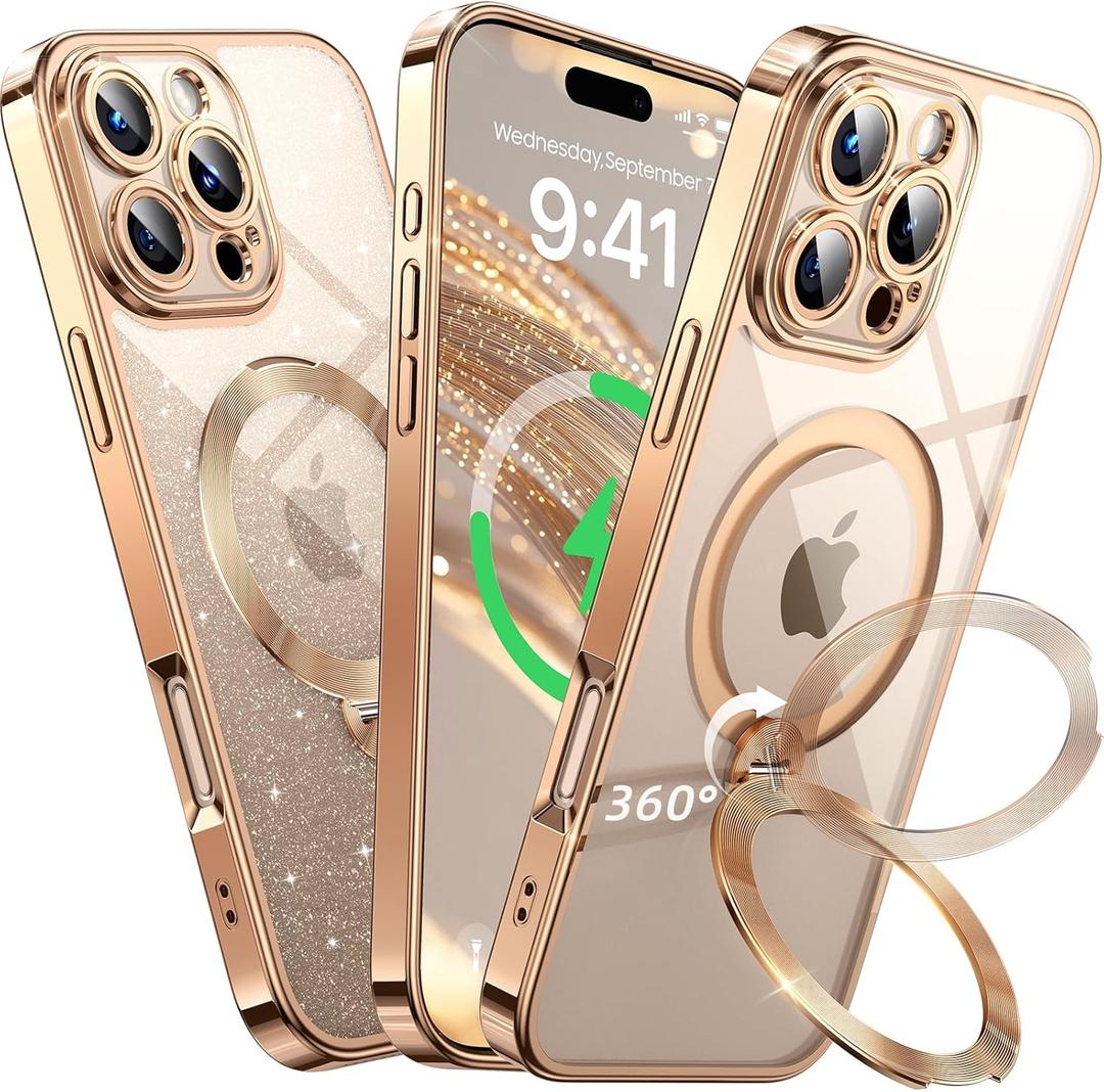 Offical Desert Titanium for iPhone 16 Pro Case with 360 Spin Stand [DIY Glitter Cardstock] [Fit for MagSafe] 16FT Mil-Protection Polished for iPhone 16 Pro Case with Stand 6.3'', Desert Titanium