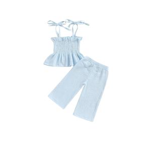 VISGOGO Infant Baby Toddler Girls Clothes Solid Color Sleeveless Camisole Linen Pants Set Baby Summer Outfits, 9-12 M, Blue