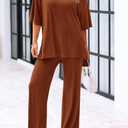KIRUNDO 2 Piece Lounge Sets for Women Airport Travel Vacation Outfits Summer Casual Loose Short Sleeve Tops & Wide Leg Pants (Brown, L)
