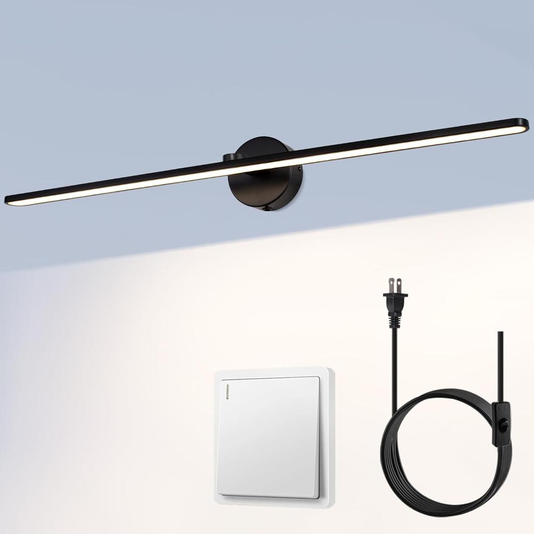 MantoLite 32'' Picture Lights for WallVanity Lights for Bathroom,Plug-in or Hardwired18W 3000K LED Non-Dimmable Modern Bathroom Lighting Fixtures Over Mirror and Wall Lights for BedroomBlack