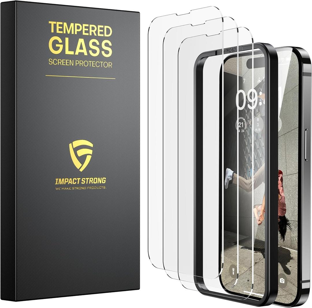 ImpactStrong 3-Pack Shatterproof Tempered Glass Screen Protector for iPhone 14 Pro Max [Easy Installation Frame] [Bubble Free] [9H Hardness] [Full Coverage] Case Friendly, 6.7 Inch