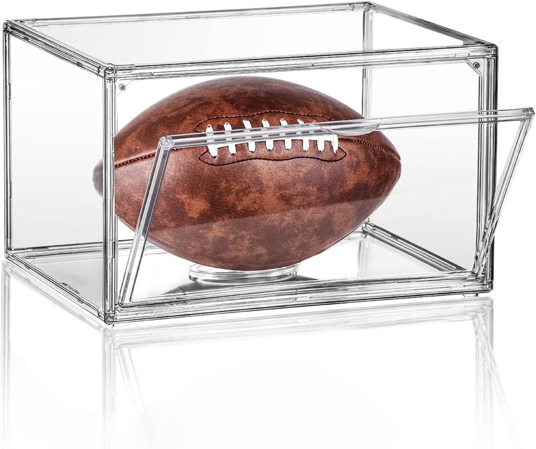 Football Display Case Full Size, Clear Acrylic Football Case Display Case with Magnetic Door and UV Protection, Professional Grade Stackable Football Display Box (1 Pack)