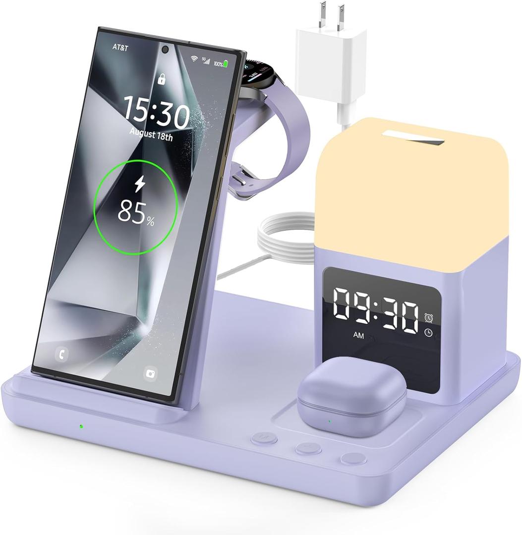 Wireless Charger for Samsung/Android Charging Station, 6 in 1 Fast Watch Charger with Alarm Clock-Night Light, Compatible for Galaxy S25 Ultra/S24/S23, Only for Samsung Watch7,Galaxy Buds3 Pro(Violet)