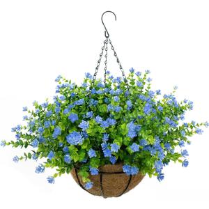 Artificial Hanging Flowers Basket, 12 UV-Resistant Bundles of Realistic Fake Flowers, Faux Plants for Outdoor Decor, Home, Garden, Porch, Patio, Spring & Summer Decorations, Blue