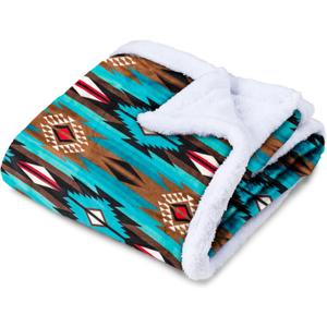 TrailCrest Ultra Soft Sherpa Fleece Throw Blanket, Cozy Plush Adult Blanket for Men & Women, Reversible with Aztec Prints, Machine Washable, 8 Colors (50x60, Teal and Brown)