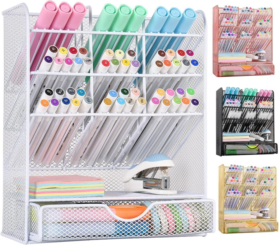 Spacrea Pen Holder Desk Organizer - Desk Organizers and Accessories, Pencil Holder with 10 Compartments and 1 Drawer（White）
