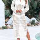 Saodimallsu Womens Crochet Swimsuit Cover Up V Neck Collared Long Sleeve Mesh Knit Long Beach Coverup Maxi Dress (White)