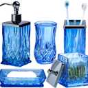 Bathroom Accessories Set,5 Pcs Blue Glass Bathroom Accessory Set,Complete Lotion Soap Dispenser, Toothbrush Holder,Soap Dish,Tumbler & Jar,Modern Bathroom Decor Sets Gift,Square