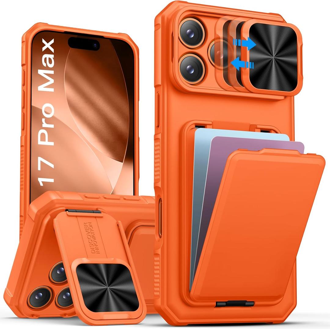SSLOTSCASE for iPhone 17 Pro Max Case with Card Holder & Camera Stand & Kickstand & Slide Camera Lens Cover & Wallet, Military-Grade Heavy Duty Phone Case Cover for iPhone 17 Pro Max 6.9'', Orange