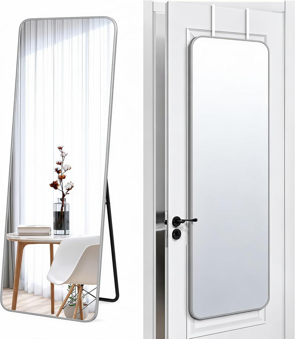 57x20" Full Length Mirror Floor Stand,Over the Door,Wall Mounted Silver