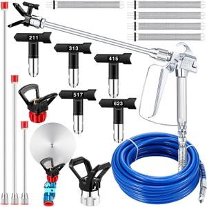 Hiboom 17 Pcs Airless Paint Sprayer Gun Set Including Spray Gun Hose 5 Types Nozzles 3 Sizes Extension Pole 5 Airless Spray Gun Mesh Filters Baffle Nozzle Holder (Multi Color,211, 313, 415, 517, 623)