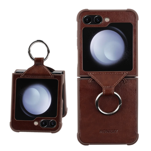 MONASAY Phone Case Compatible for Galaxy Z Flip 5,[Screen protector included]Leather Cell Phone Cover with Ring Compatible for Samsung Galaxy Z Flip 5, Brown