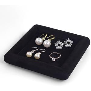 Black Velvet Jewelry Display Tray, Luxury Velvet Ring Holder Showcase for Necklaces Earrings, Jewelry Store Display and Ecommerce Photography Prop, 4.72x4.72 Inches (Black)