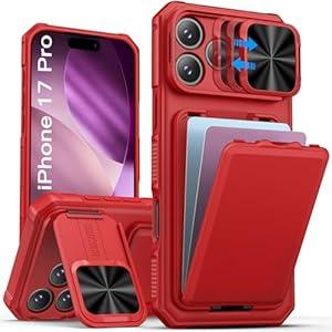 SSLOTSCASE for iPhone 17 Pro Case with Credit Card Holder & Stand & Slide Lens Cover & Kickstand, Stylish Sturdy TPU Soft Silicone Edge Protective Phone Case Cover for iPhone 17 Pro 6.3'' 2025, Red