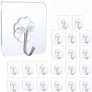 2 x Transparent Wall Hooks for Hanging - Wall Door Stick On /Extra Strong Sticky Hook for Hanging Coat, Clothes, Towel, Keys, Kitchen Utensils and Much More - 22lb(Max) - Pack of 20 (20, Medium Hooks)