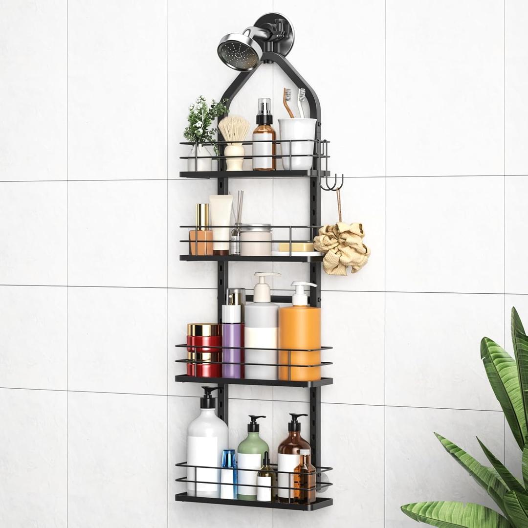 Shower Caddy Hanging (Black), Adjustable Anti-Swing-Over The Shower Head Caddy, 4 Tier Height Bathroom Storage Organizer Bathroom Shelves Basket Rack Shower Caddies (4Tier)