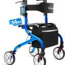 Super Lightweight Rollator Walker for Seniors, Foldable Rolling Walker with Seat and 8" Rubber Wheels for All Terrain, Upgraded Height Adjustment Button with Cup Holder, Blue