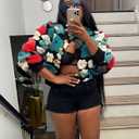 Angsuttc Women's Cropped Floral Bomber Jacket Puff Sleeves Lightweight Fleece Shacket Button Down Varsity Coat Outwear (Black&blue)