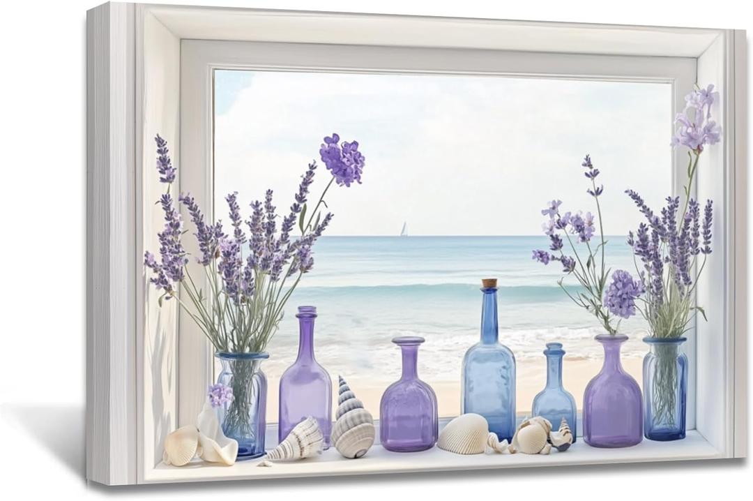 AWPANERAR Beach Window Wall Art Bathroom Decor Purple Lavender in Vase Pictures Rustic Flowers Poster Blue Ocean Prints Coastal Artwork Farmhouse Decor Framed (White, (20L x 30W))