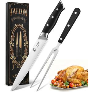 Livtek Carving Knife Set - Razor-Sharp German Stainless Steel - Ergonomic Handle & Full Tang Design - for Slicing Roast, Turkey, Ham, BBQ - 8 Inch Knife & 7 Inch Fork - Thanksgiving Gift (2 PCS)