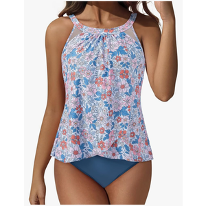 SUUKSESS Women Tummy Control Tankini Bathing Suit Ruffle High Waisted Swimsuit Size L