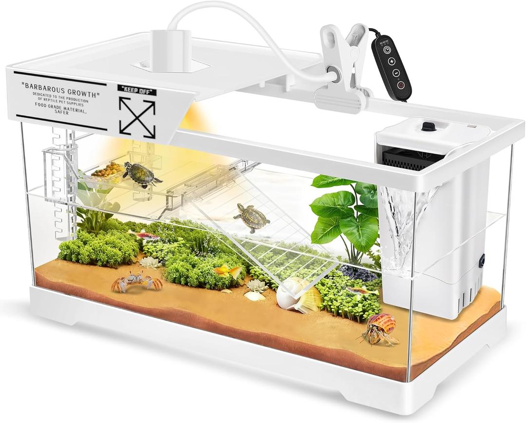 GOZILLA Aquatic Turtle Tank+Lamp+Filter Kit, Upgrade PC Turtle Tank Kit with Adjustable 360Lamp & Filter,Reptile Habitat Lid,Hanging Platform for Small Reptiles.(19.68 9.52 9.44''/Large-White)