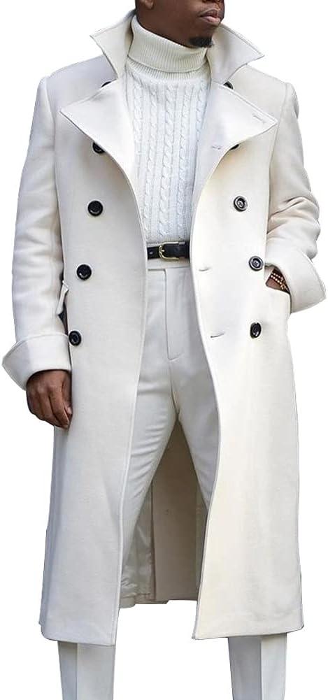 chouyatou Men's British Style Double Breasted Heavyweight Mid Long Wool Pea Coat (Medium, White)