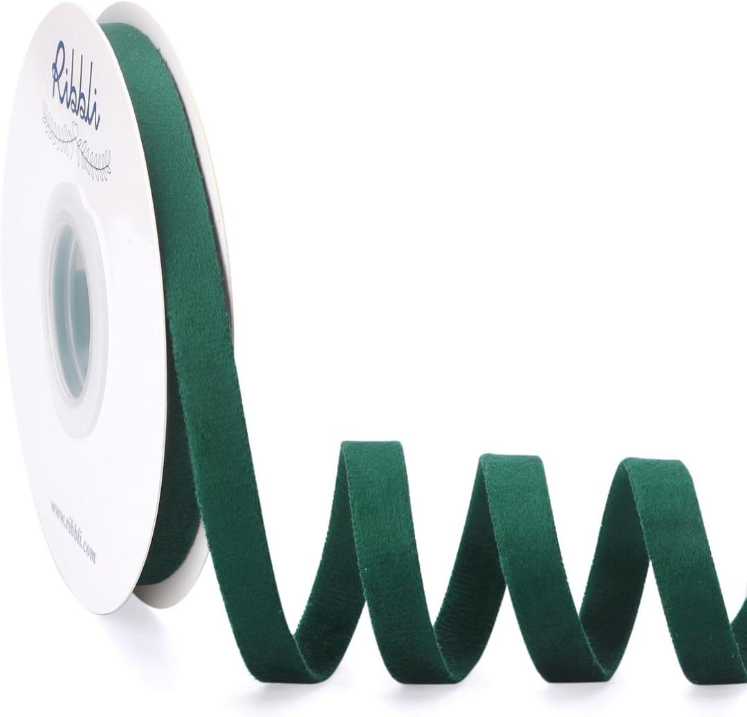 Ribbli Forest Green Velvet Ribbon Double Faced 3/8 Inch 10-Yard Spool Forest Green Ribbon Use for Christmas Tree Ornaments Gift Wrapping Wreath Decoration Wedding Boutonnieres