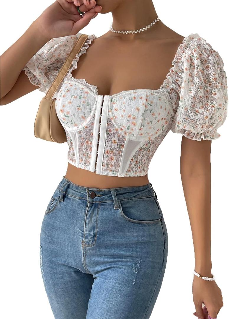 OYOANGLE Women's Boho Ditsy Floral Print Sweetheart Neck Short Puff Sleeve Crop Top Blouse