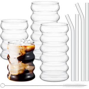 Tessco for you 4 Pcs Creative Glass Cups Vintage Drinking Glasses Ribbed Glassware Aesthetic Cup Entertainment Dinnerware Glassware with Straws Set for Kitchen Coffee Beverage(13.5 Oz, 16 oz,Clear)