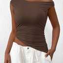 PRETTYGARDEN Womens Off The Shoulder Y2K Tops 2026 Summer Sleeveless Asymmetrical Ruched Going Out Tank Top Fashion Clothing (Brown, S)