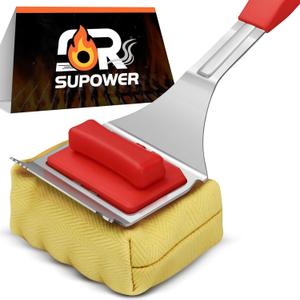 Steam Safe Grill Cleaning Brush Bristle Free for Outdoor Grill with 15" Extended Handle, 3X Thick Aramid Fabric Replaceable Brush Heads, Heavy Duty Triple-Groove Scraper Design for All Grates, Red