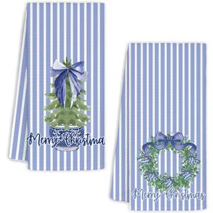 Chinoiserie Christmas Kitchen Towels,Blue Stripes Bow Coquette Christmas Tree Dish Towels,Blue Christmas Hand Towels for Kitchen Bathroom,Grandmillennial Decor,16x24 Inches Set of 2