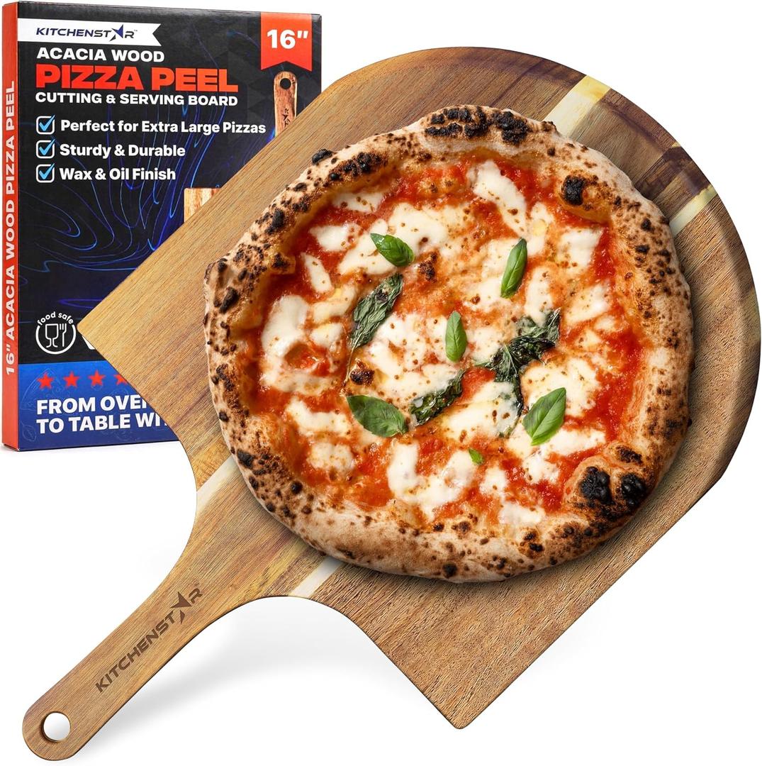 KitchenStar 16-Inch Acacia Wood Pizza Peel Extra Large Wooden Cutting & Serving Board with Handle Natural Oil Finish Ideal Pizza Oven Accessory for Easy Sliding & Prep