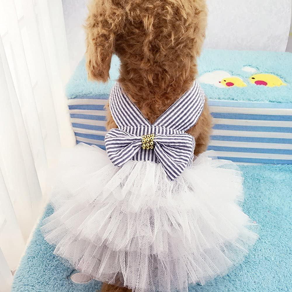Dog Dresses, Fashion Pet Dog Clothes, Striped Mesh Puppy Dogs Princess Dresses (Blue, X-Large)